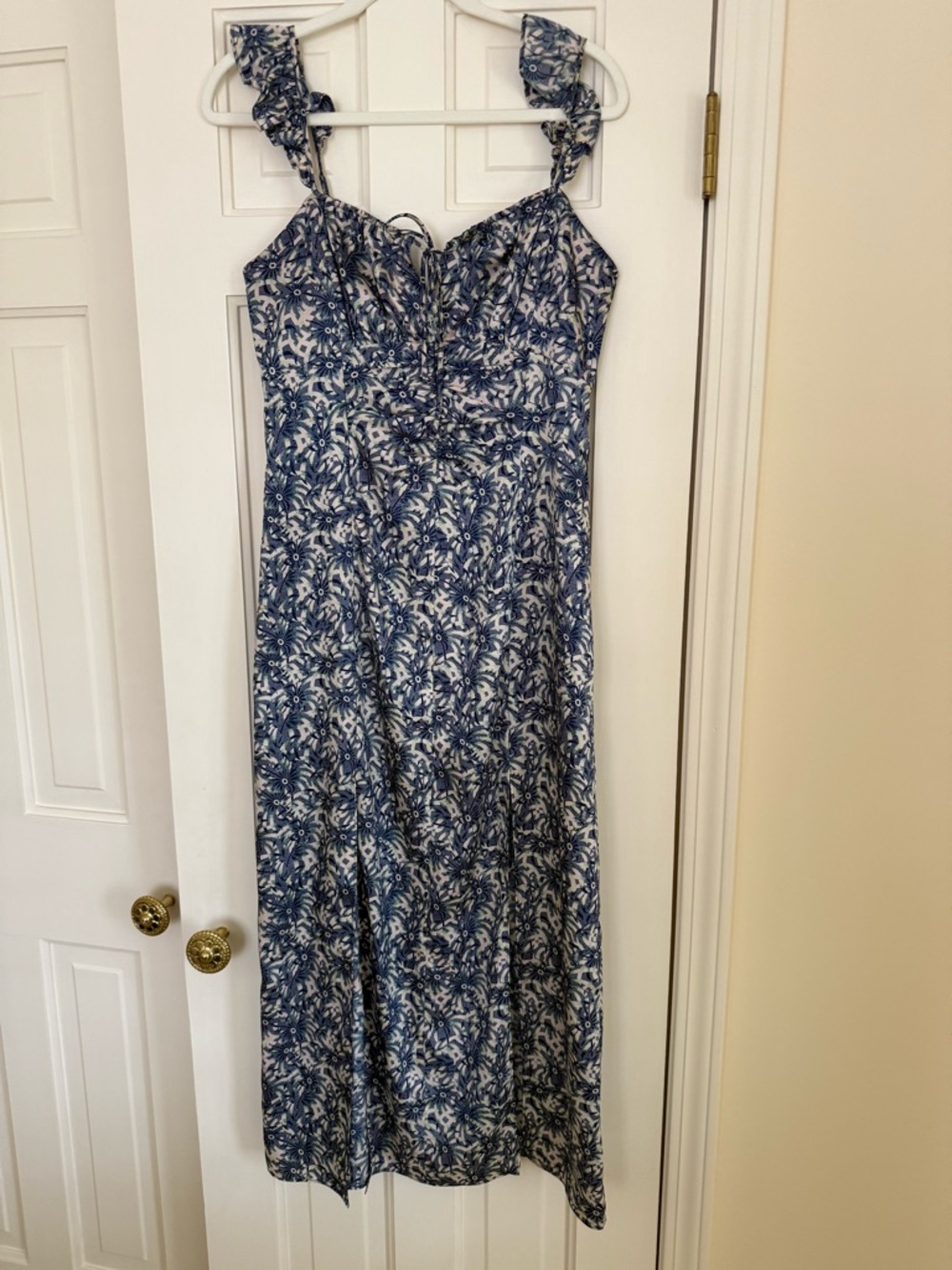 cinq a sept Blue and White Floral Maxi Dress with Ruffle Straps